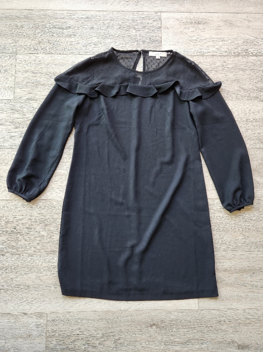 Loft Black Sheer Panel Ruffle Long Sleeve Dress Womens 6 Polka Dot Shift